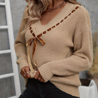 Sweater V-neck Bow Tie Versatile Pullover Top Women