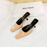 Simple High-heeled Square-toe Shallow-mouth Glossy Patent Leather Slippers