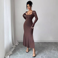 New Arrival Lace Patchwork Long-sleeve Crossover-neck Sexy Dress