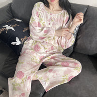 Womens Loose-Fit Long-Sleeve Long-Pants Printed Loungewear Set