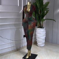 Printed V-neck Long-sleeve High-waist Figure-flattering Sheath Dress