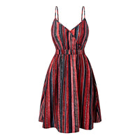 Striped Wrap Style V Neck Slip Dress With Thin Shoulder Straps And Elastic Back Straps