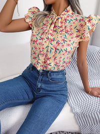 Women's Casual Floral Print Ruffle Trim Tie Bow Chiffon Blouse