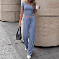 Solid-color Casual Chic V-neck Short-sleeve Top And Wide-leg Pants Set