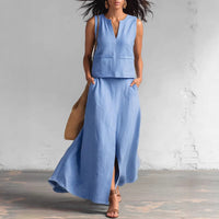 A Simple And Elegant Two-piece Set Featuring A V-neck Top And A Skirt