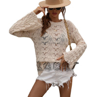 Solid Color Crochet Hollow-out Round Neck Loose Sweater Women