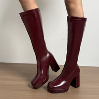 Retro Wine-red Versatile And Chic New Fallwinter Square-toe Chunky-heel Riding Boots