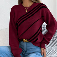 Women's Casual Striped Round Neck Lantern Long Sleeve Pullover Sweater