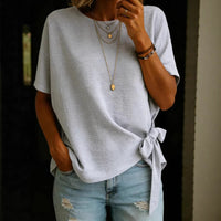 Womens Summer New Solid Color Short-Sleeve Loose T-Shirt With Knotted Hem