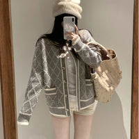 Rhombus Sweater Coat Women's Mid-length Gray Knitted Cardigan