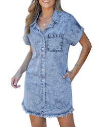 Womens Short-Sleeve Denim Shirt Dress Denim Button-Up Casual Style
