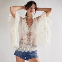 Womens Mesh Blouse With Batwing Sleeves Loose-Fit Beach Sun-Protective Top Patchwork Lace Blouse