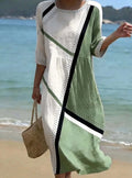 Women's Casual Round Neck Mid Sleeve Print Cotton And Linen Dress