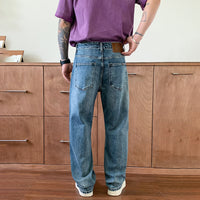 High-quality New Washed Blue Men's Jeans, Slightly Stretchy, Regular Fit Straight Leg