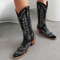 Embroidered Long Knee-high Boots Pointed Toe Chunky Heel High Heel