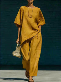 Short-sleeve Top With An Asymmetrical Hem And Wide-leg Pants Set