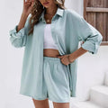 Spring Solid-Colored Lapel Long-Sleeve Shirt And Elastic High-Waist Shorts Casual Set