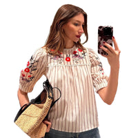 Retro Striped Floral Top French Vacation-Style Loose Shirt