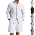 Mens Casual Linen Shirt And Shorts Set Summer Vintage Stand Collar Shirts Men Comfortable Breathable Beach Suits