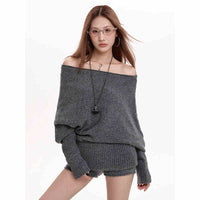 New Loose And Lazy Style Batwing Sleeve Top Off-neck Inner Sweater