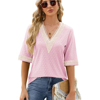 Womens Loose Top With Golden Lace Panels And Three-Quarter Sleeves