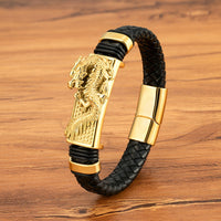 Gold And Steel-Colored Leopard-Pattern Dragon Pi Xiu Stainless Steel Leather Magnetic-Clasp Mens Bracelet