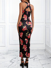 Slanted Shoulder Printed Bag Hip High Slit Dress