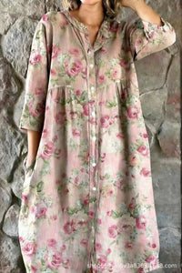 Womens Fashionable Round-Neck Long-Sleeve Printed Shirt Dress