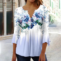 Women's Floral Printed 34 Sleeves V-neck Buttons Shirt