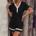 Women's V-neck Spliced Short-Sleeve Cotton-Linen Shorts Set