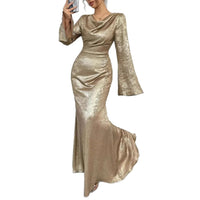 New Sexy Gold-dusted Evening Dress With Long Sleeves