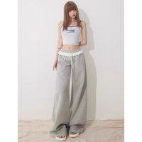 Womens High-waisted Straight-leg Pants With Lace Trim And Patchwork