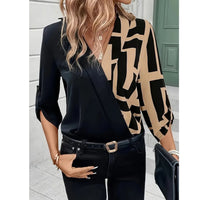 New European And American-style Casual Black V-neck Patchwork Fashion Shirt