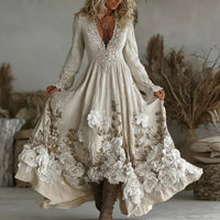 Retro Bohemian Rose Embroidered Linen Loose-Fit Long Dress