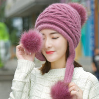 Ladies Rabbit Fur Knitted Pullover Hat To Keep Warm