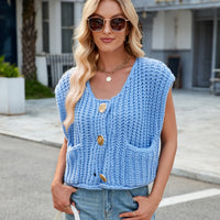 Women's V-neck Three-button Sleeveless Cardigan
