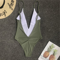 Solid color sexy one-piece swimsuit deep V-neck back pleated bikini