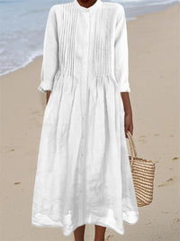 Long-sleeve Cotton-linen Womens Dress With A Shirt Collar