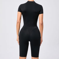 Tight Waist Open Collar Zipper Short Sleeve Yoga Jumpsuit Women