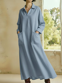 Loose-fitting Casual Polo-neck Pocketed Long-sleeve Dress