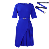 Solid-color Stylish And Elegant Midi Skirt Featuring A High-rise Waist Pleated Detailing And Three-quarter-length Sleeves