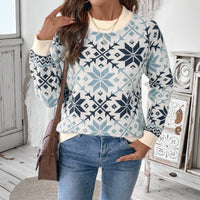 Retro Nordic Style Long Sleeve Round Neck Snowflake Geometric Pattern Sweater