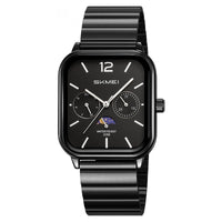 Stylish Multifunctional Square Watch With A Six-hand Moon Phase Display Designed For Business And Featuring Water Resistance
