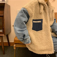 Denim-paneled lambskin coat