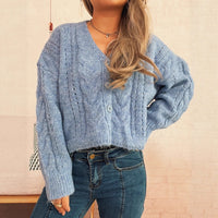 Casual Short Twist Hollow-out Knitted Cardigan Single-breasted V-neck Sweater