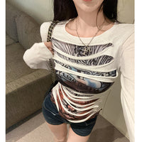Slim-fit Vintage Distressed Printed Faux Two-piece Long-sleeve Top