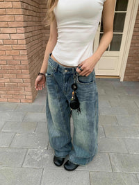 Retro Patchwork Design Wide Leg Jeans Casual Mopping Trousers