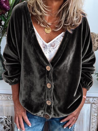 Womens Casual V-neck Long-sleeve Solid-color Cardigan Top