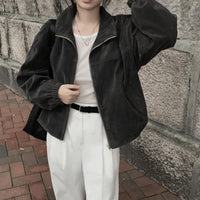 Retro Loose Slimming Versatile Zip Lapel Suede Casual Short Jacket Women