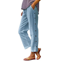Cropped Pants With Decorative Buttons Along The Side Seams